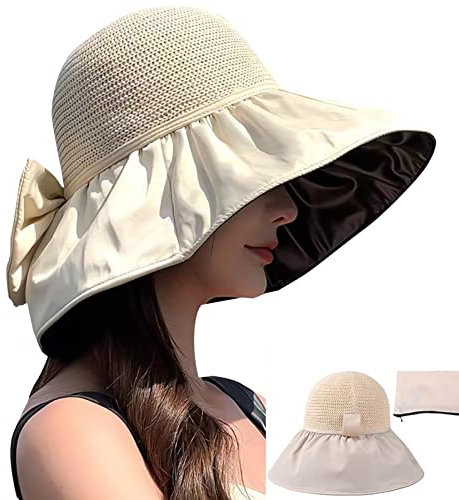 Sombreros de sol para mujer Almacenamiento plegable Verano Ala ancha Protección UV con correa para la barbilla Sombrero de playa Sombrero de paja para exteriores -Beige