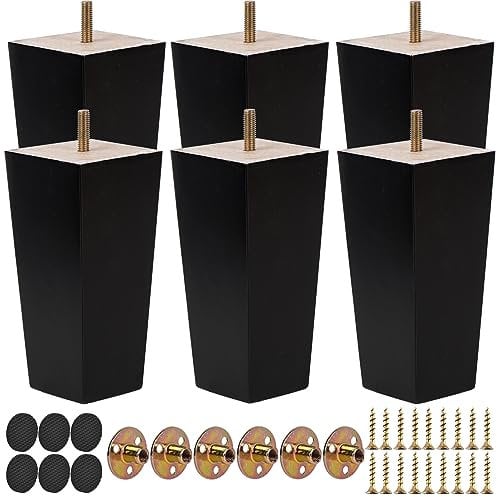 TCHOSUZ 4 Inch / 10 cm Wooden Furniture Legs, Set of 6 Solid Wood Mid-Century Modern Pyramid Replacement Feets with M8 Hanger Bolt & Rubber Floor Protectors for DIY Ottoman TV Stand Black