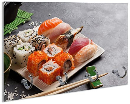 Wallario Handtuchhaken für Bad & Küche aus Glas 30 x 20 cm, Wand Handtuchhalter mit 4 Haken, Motiv: Sushi-Menü mit grünem Tee