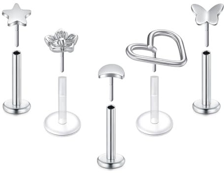 Briana Williams 5 Stück Lippenschrauben Labret 16G 8mm Tragus Rook Stange Schmetterling Stern Mond Mond Herz Blume Edelstahl Transparent Silber Piercingschmuck