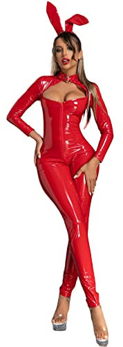 Duohropke Damen Bunny Girl Lack Leder Dessous, Sexy Hasenmädchen Cosplay Uniform, Wetlook Rave Outfits Musik Festival Häschen Kostüm Halloween 4 Stück Top+Minirock+Tanga+Stirnband