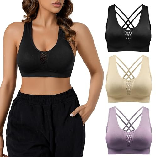 SHARICCA Basic BH Damen Yoga Sports Bra Starker Halt Große Größe Atmungsaktiv Wohlfühl Bustiers Top Damen Sport Bequem BH Baumwolle Push Up Set 3er Pack Gym Lauf Joggen(Mehrfarbig-3P02-S