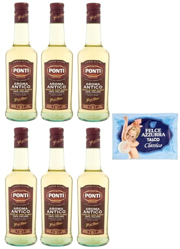 6er-Pack Ponti Weißweinessig,Aroma Antico Aceto di Vino Bianco,100% Italienischer Essig,500ml Glasflasche + 1er-Pack Kostenlos Felce Azzurra Talkumpuder, 100g-Beutel