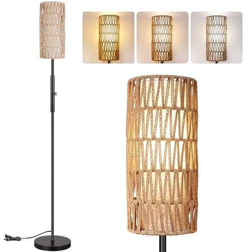 PARTPHONER Boho Floor Lamp for Living Room with 3 Color Temperatures LED Bulb, Standing Lamp Tall Lamp Reading for Bedroom, Office, Kids Room (9W LED Bulb, Rattan & Fabric Shades Included)
