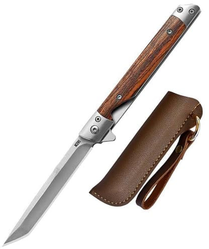 Lius Group Petit couteau de poche pliant en acier Tanto - Couteau tranchant à une main - Couteau d'extérieur portable - Antidérapant - Avec étui en cuir
