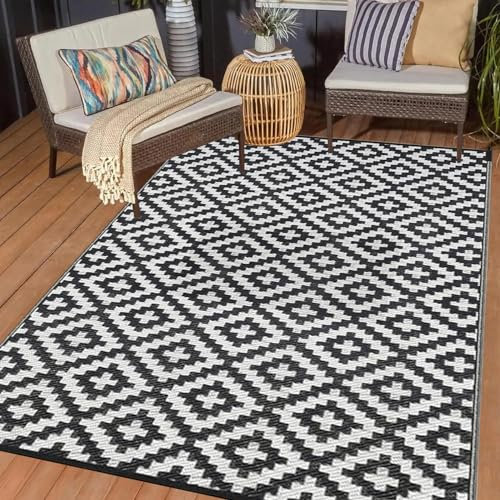 XQKXHZ Balkon Teppich Für Draußen 120X180cm Outdoor Teppich Wetterfest Recycelter RV Camping Außenteppich Schwarz Und Weiß Terrasseteppich Strapazierfähiger Wendbarer Kunststoff Picknickdecke