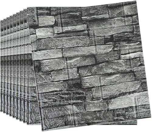 Homemari 10 Stück 3D Wandpaneele 35x38.5cm Selbstklebend Küchenrückwand Ziegel Tapeten Steinoptik 4 mm Steintapete Wandaufkleber Wasserdicht Wandtapete für Küche Schlafzimmer (Ziegelschwarz)