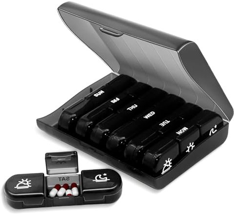 Pill Box, Daily Pill Boxes 7 Day 3 Times a Day,Tablet Pill Organiser,Pill Boxes 7 Day 3 Times a Day,Weekly 7 Day Pill Box,Daily Pill Box to Hold Medication, Vitamin, Supplement and Fish Oil (Black)