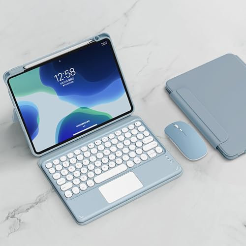 Étui de Clavier pour iPad 10e Génération 2022 avec Multi-Touch Trackpad, Coque Transparent Rotative avec Clavier Détachable QWERTY et Souris sans Fil pour iPad 10eme Gén 10,9 Pouces, Bleu Brumeux