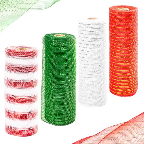 4 Rolls x 10 Yards Deco Mesh Rolls for Wreath Making - 10 Inch Stripe Red White Green Poly Mesh Rolls for Christmas Tree Wreath Garland Craft Decorations