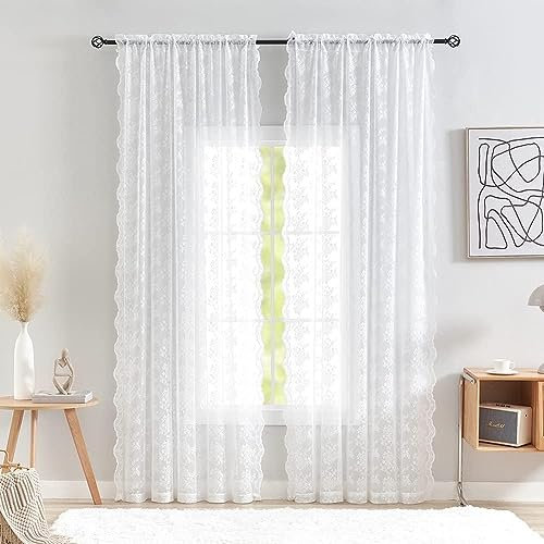 YJ YANJUN White Sheer Curtains 80 inch Length for Doorway Boho Look Lace Window Panels Light Filtering Window Treatments Elegant Door Curtains for Living Room Bedroom 52 by 80 inch Length