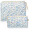 Lot de 2 trousses de toilette pour femme - Trousse de toilette à fleurs - Trousse de maquillage - Grande et petite - Pour femme et fille - Cadeau quotidien - Voyage, bleu, Motif floral et design