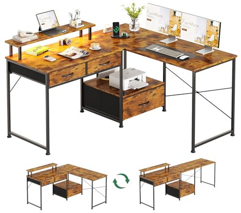MUTUN 128cm L Shaped Gaming Desk with Power Outlet & LED Light, 200cm 2 Person Long Computer Desk with Drawers, Wooden Corner Home Office Desks with Storage, White