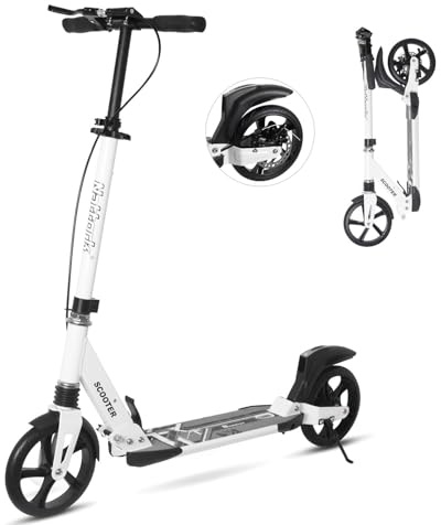 Nattork Scooter for Adults and Teens- Adjustable Height Folding Kick Scooter Large Sturdy Wheels for a Smooth Ride, Lightweight, Commuter Adult Scooters with Hand Brake,Shock Absorption-White