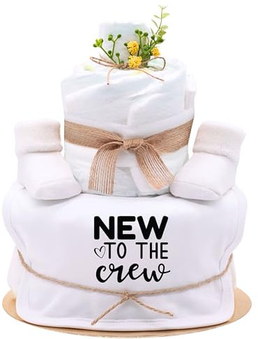 Trend Mama® | Windeltorte | Sprüche | 27 Windeln (Größe 2), Baby Lätzchen, Kuschelsocken |Geschenk Geburt (Design| New to the Crew)