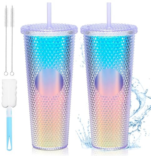 Lot de 2 gobelets avec couvercle et paille de 710 ml, avec couvercle et paille, gobelet en plastique, avec couvercle et paille, avec brosse de nettoyage, pour jus de fruits, café