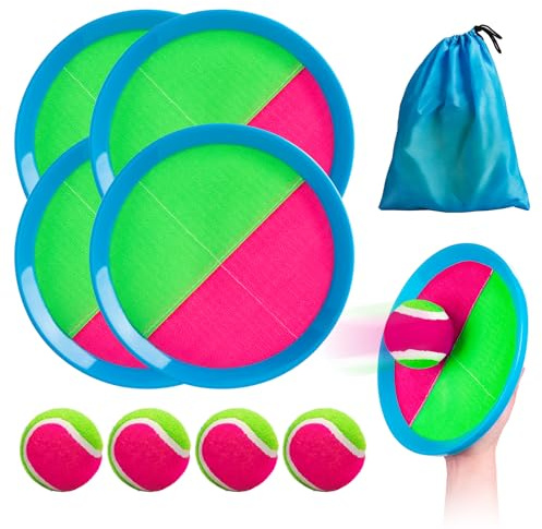 INPODAK Captura Bolas Raqueta Set Pelota Impermeable y Juego de Lanzamiento Juguetes Exterior Interior Jardin Playa Piscina para Niños 3-12 Años Set de 4 Pelotas 4 paletas con 1 Bolsa