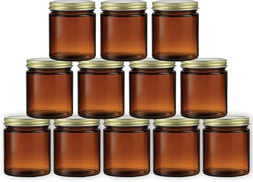 12 Stück Braunglasbehälter, 237 ml EinmachgläSer Mit deckel Bernsteinfarbene Gläser zur Kerzenherstellung, Schraubgläser mit Deckel, Perfekt für DIY Kerzen, Cremes