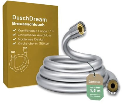 DuschDream® Qualität & Universal Duschschlauch, 150 cm, sehr Flexibel mit Knickschutz, PVC Brauseschlauch, Chrom | Brauseschlauch knickfest | Standard 1/2 Anschluß | dreifach gewickelt