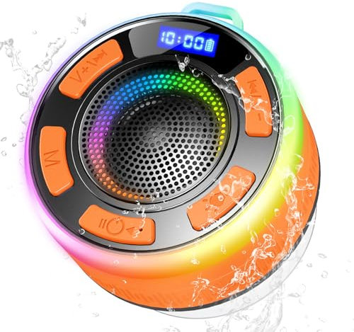 Bluetooth Shower Speaker, Portable Wireless Speaker IP7 Waterproof Speaker 360° Surround Sound, Bulit-in Mic, LED Light, Bathroom Speaker with Suction Cup for Bathroom, Party, Outdoor, Travel (New)