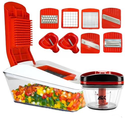 AEX Manual Food Processor (550ml) & 8-in-1 Vegetable Chopper & Slicer Bundle – Multi-Function Hand-Pull Chopper & Mandoline Slicer with 8 Stainless Steel Blades – Complete Kitchen Prep Set