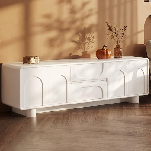 Guyii 160CM Modern TV Stand, Cream White Entertainment Center with 2 Cabinets and 2 Storage Drawers, TV Unit Media Console Cabinet for TVs up to 65, Minimalist Entertainment Cabinet for Living Room