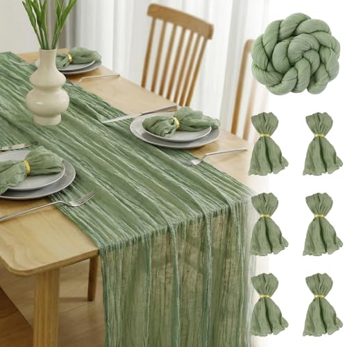 FALSKT Musselin Tischläufer Salbeigrün 90×300cm Käsetuch Tischläufer Boho | Tischläufer Modern Läufer Tisch für Hochzeitsdeko Tischdeko Geburtstag Party Küche, 6PCS Servietten, 6PCS Serviettenringe