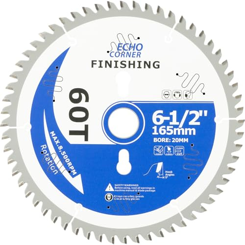 Echo Corner 6-1/2 Inch (20mm Arbor) Plunge Track Saw Blade, 16mm & 1/2 Arbor Reducing Ring, Non-Stick Coating, 60-Tooth, Fine Finish Crosscut Framing Wood Plywood Plastic Veneer Wet Lumber Laminate