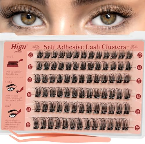 Higu clace Extension Cils Auto Adhésifs Apparence naturelle 60 de Cils | Auto - Adhésifs réutilisables pour les débutants facile à utiliser , pas besoin de colle Faux Cils Individuel (10-16mm)