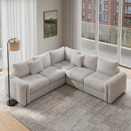 Vesgantti Corner Sofa in White, 5 Seater Modular Couch for Living Room, Deep Seat Soft Corduroy Sectional Sofa, Convertible L Shaped Sofas with Storage, 2C2 Corner