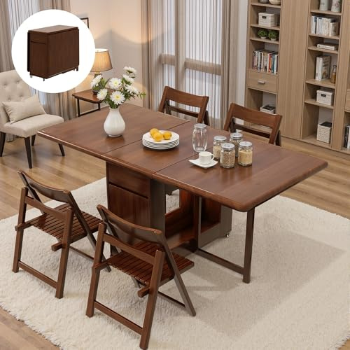 TFFCIC Folding Drop Leaf Dining Table and Chairs Set for 4, Fully Assembled Foldable Solid Wood Kitchen Table with Storage and Lockable Wheels for Small Spaces(Walnut, 130 cm Table with 4 Chairs)
