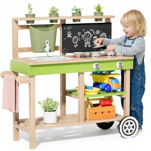 MAMIZO Cuisine Enfant Extérieure en Bois, Jardin Cuisine Jouet avec Roues, Robinet Fonctionnel, 4PCS Jardinières, Tableau, Étagères et évier, 88,5x33,5x85 cm, pour Les Enfants de 3 à 8 Ans