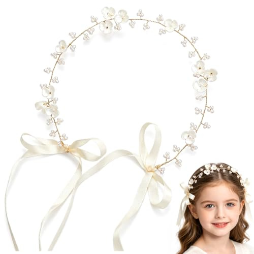 Blumenkranz Haare Kommunion Mädchen, Prinzessin Haarkranz mit Weißen Perlen, Elegante verstellbare Haarreifen Kopfbedeckung, Handgemacht für Braut Damen, Perfekt für Hochzeit & Fotografie
