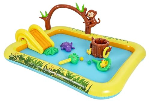 Inflatable Play Center, Kids Paddling Pool With Slide, Cute Animal Jungle Theme Fun Pad, For Backyard Garden Yard Lawn Outside Patio Deck Porch