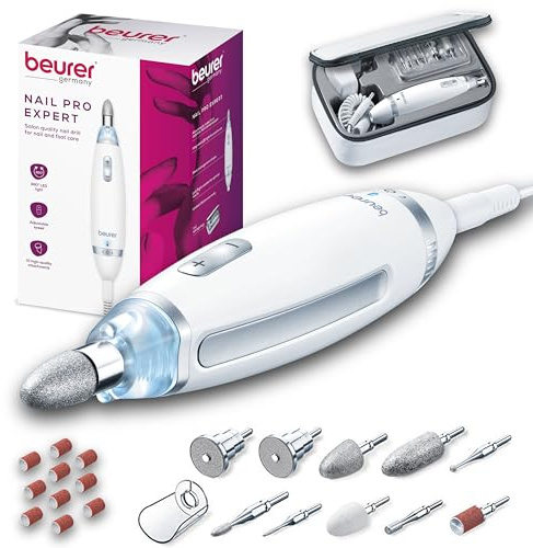 Beurer MP62 Professional Nail Drill Kit, Portable Electric File Machine with 10 Attachments & 10 Sanding Bands, Efile Dremel for Acrylic Gel Manicure and Pedicure, LED Light, with Storage Case