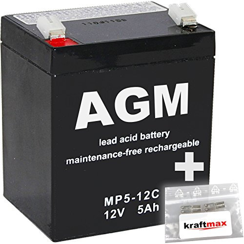 kraftmax 1x AGM 12V / 5Ah Blei-Akku - MP5-12C [ Faston 6,3 ] Zyklenfest inkl. 2X Original Anschluß-Adapter