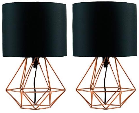 MiniSun | Modern Copper Metal Basket Table Lamps with Black Fabric Shades | Table Lamps, Home Décor & Improvement Essential | Set of 2 | Includes 4W Bulbs [3000K Warm White]