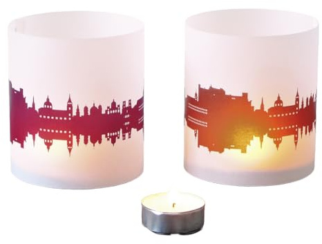 Salzburg Skyline Windlicht 2er Set Lichthülle - Tischlicht Geschenk-Idee Deko personalisierbar mit eigenem Namen Text Datum Spruch Botschaft