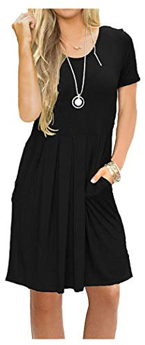 AUSELILY Freizeitkleider Damen Schwarz M Kurzarm Plissee Loose Swing Freizeitkleid mit Taschen Knielang XL