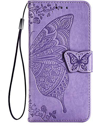 TANYO Hülle für Xiaomi Mi Note 10 Lite, Schutzhülle PU/TPU Flip Leder Brieftasche Handytasche mit Kartenfächer, Klapp Handyhülle 3D Schmetterling Helles Lila
