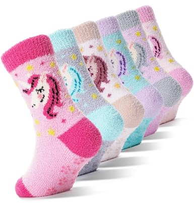 EBMORE Stoppersocken Kinder Kuschelsocken Mädchen Dicke Socken Warme Anti Rutsch Wintersocken Flauschige Bettsocken Haussocken 6 Paare
