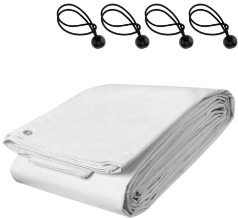 White Waterproof Tarpaulin Sheet 6 x 10 m with 4 Ball Bungees - 90 GSM Heavy-Duty PE Cover with Eyelets Every 1m - UV Resistant, Mould-Proof, Tear-Resistant - Garden, Camping, Construction, Furniture