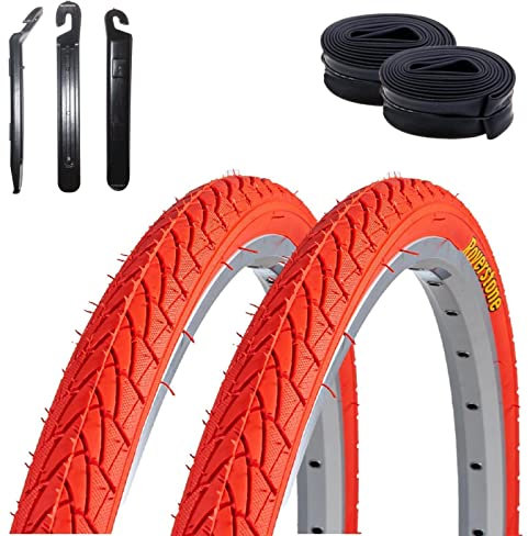 2 x Roverstone Fahrradreifen Drahtreifen Rot 28 x 1,4 Zoll (37-622) + 2 Schläuche AV inkl. 3 x Reifenheber