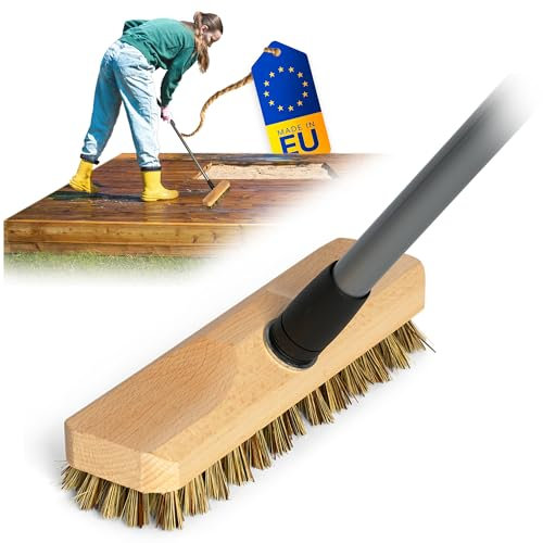Schrubber aus Holz mit Borsten| Wischer mit Gewinde und Teleskopstange| Scheuerbürste Union| Boden-Bürste| Ideal Reinigung von Balkon Terrasse Garten Innen- Außenbereich