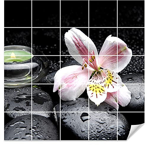 GRAZDesign Fliesenaufkleber Bad Wandfliesen selbstklebend, Wellness mit Blume Klebefliesen - Wellness Steine mit Lilie