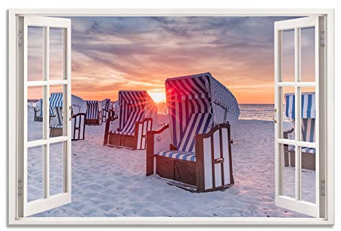 Leinwandbild mit Fensterblick - Strandkörbe im Sonnenuntergang 60x40cm - Druck auf Leinwand - moderner Kunstdruck - XXL Wandbild
