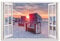 Leinwandbild mit Fensterblick - Strandkörbe im Sonnenuntergang 60x40cm - Druck auf Leinwand - moderner Kunstdruck - XXL Wandbild