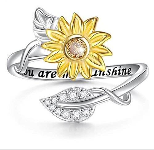 Sterling Silber Du bist mein Sonnenschein Sonnenblume CZ Herz Ring verstellbare Größe 5-9 (Silber 01)