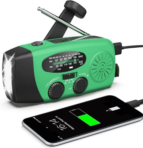 Solarbetriebenes Notfallradio, Selbstbetriebenes Kurbelradio mit LED-Taschenlampenbeleuchtung, SOS-Alarm mit AM/FM, mit 2000mAh-Akku für Smartphone-Notaufladung (grün)