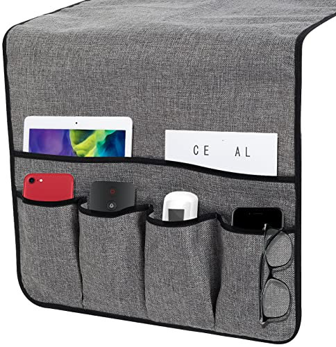 Sofa Armrest Caddy with 6 Pocket Anti-Slip Couch Organizer Cotton Linen Armchair Loveseat Armrest Storage Bag for Tablet, Phone, Book, Glasses, Magazines, Remote Control Holder